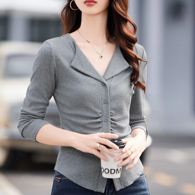 翻领设计感褶皱长袖t恤女修身正肩洋气质打底衫女春秋季上衣
