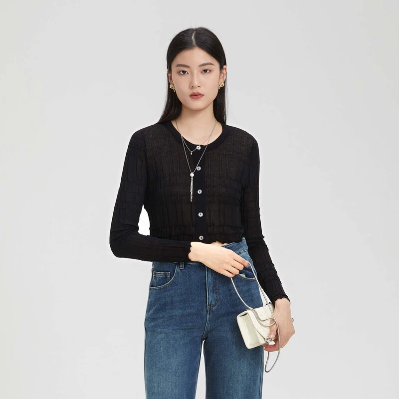 圣迪奥时尚百搭黑色圆领修身显瘦短款针织开衫S23283506