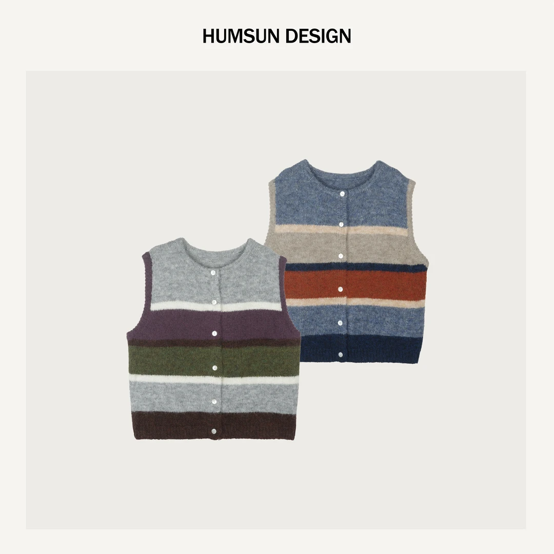 HUMSUN/禾木笙「撞色梦境」细支羊毛拼条蓬松绒感叠穿针织衫 5C966