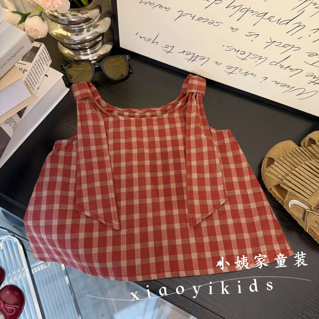 女童夏季新款红色背心洋气女宝宝无袖百搭格子上衣