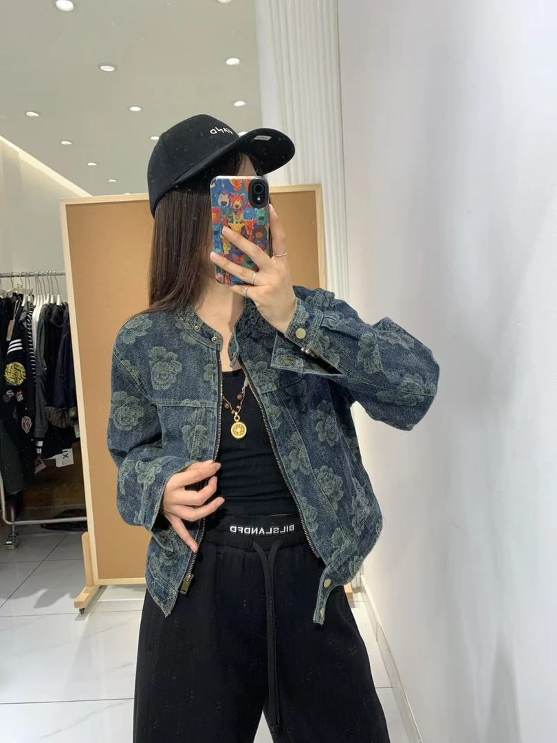 可米 新款短款休闲百搭复古长袖暗花牛仔外套 88061