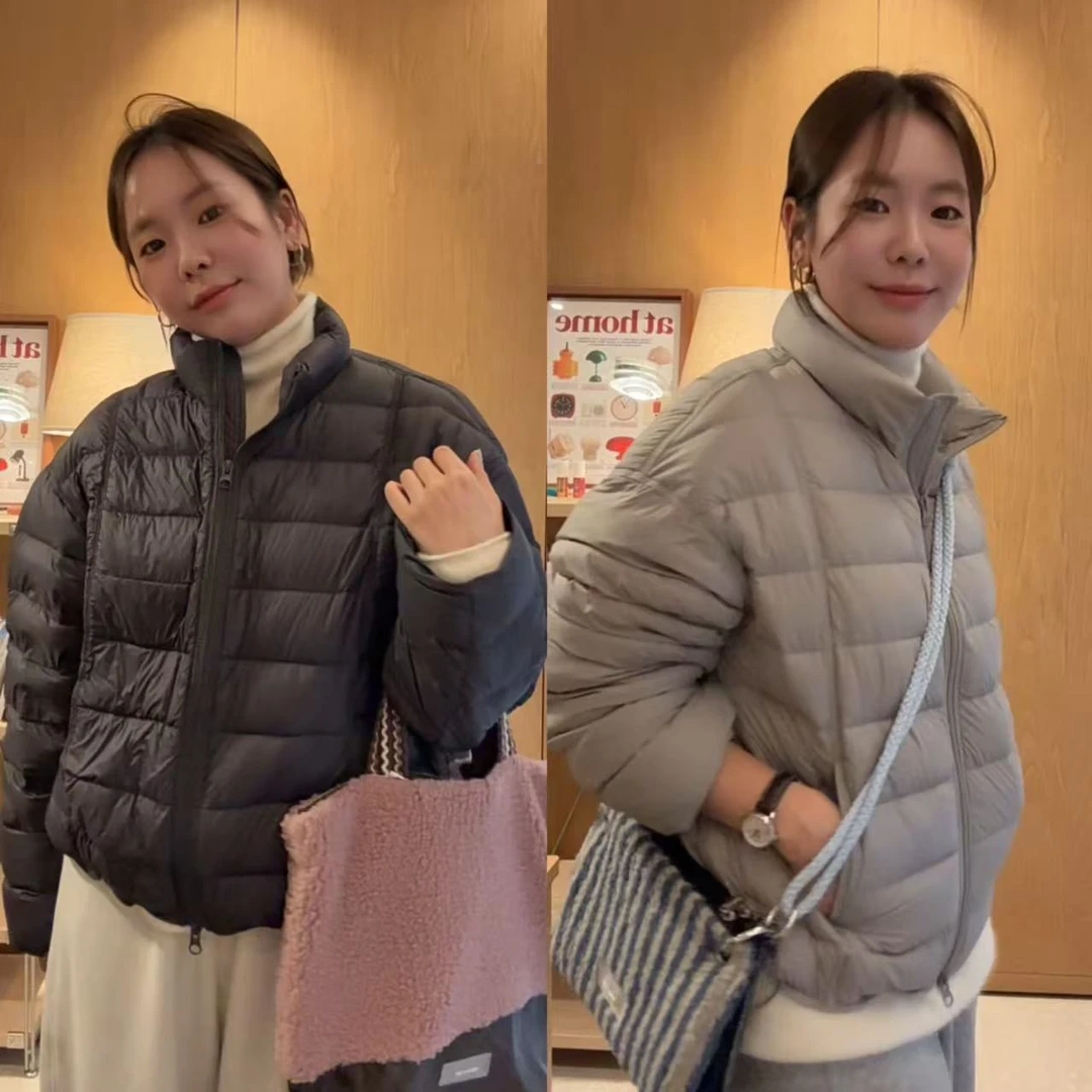 韩系小立领短款90%白鸭绒双拉链羽绒服