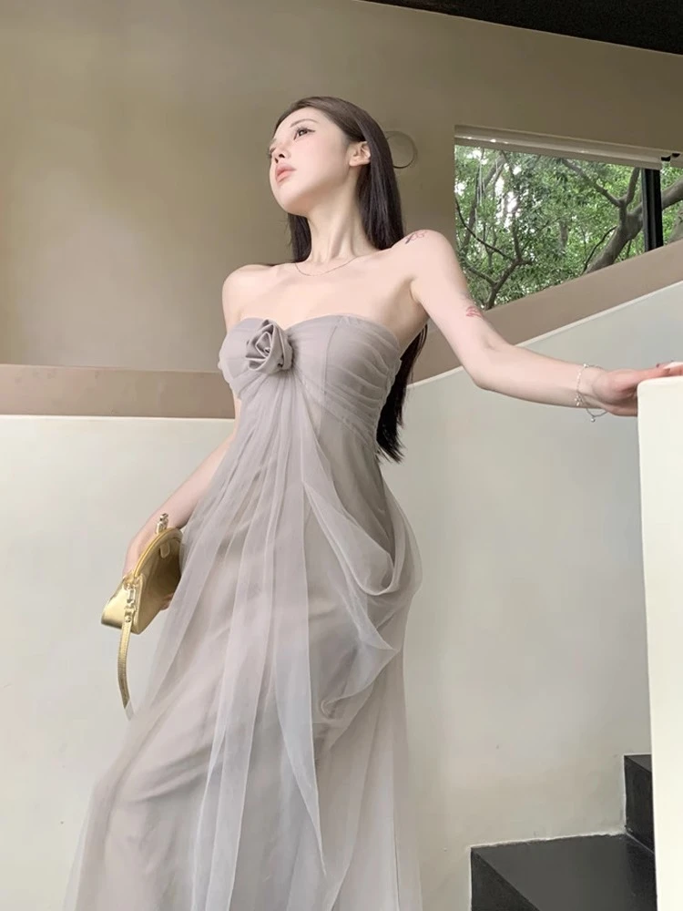 法式气质纯欲一字肩抹胸连衣裙女夏季高级性感晚礼服海边度假长裙