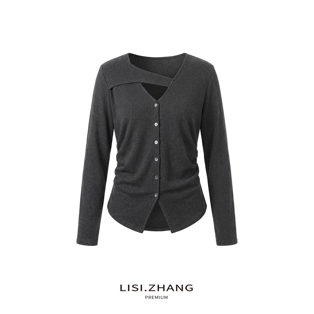 LISI.ZHANG--【V领打底衫】修身时尚性感镂空领侧抽皱显瘦加绒打底
