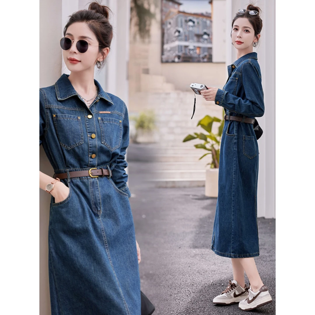 实拍2025新款气质女神范收腰显瘦牛仔连衣裙长裙女春秋polo牛仔裙