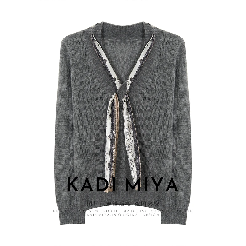 KADIMIYA【南阳旧梦】法式美拉德设计感丝巾系带v领长袖毛衣针织衫