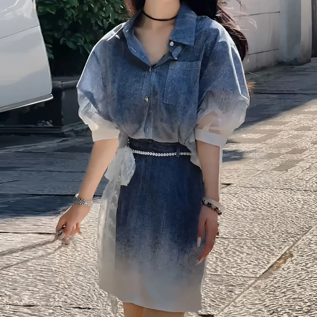 今年爆款POLO领渐变色连衣裙2025夏季轻奢假两件收腰显瘦衬衫短裙