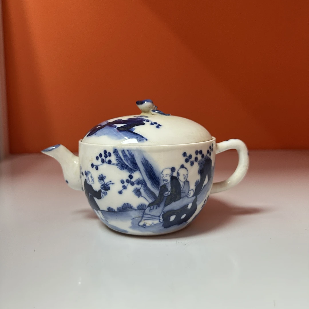 清代 青花江崖高士童子人物盖壶