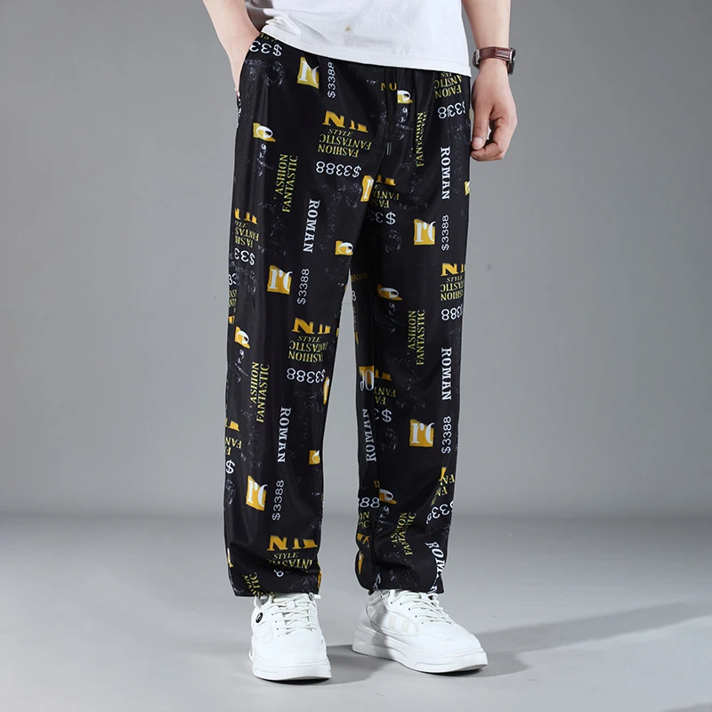 大码男士夏季新款休闲裤薄料宽松潮流提花男士长裤胖子显瘦收口裤