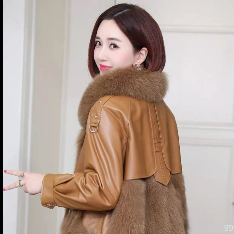 冬款加厚时尚显瘦拼接妈妈过年外套加绒海宁女款秋冬美式短款皮衣