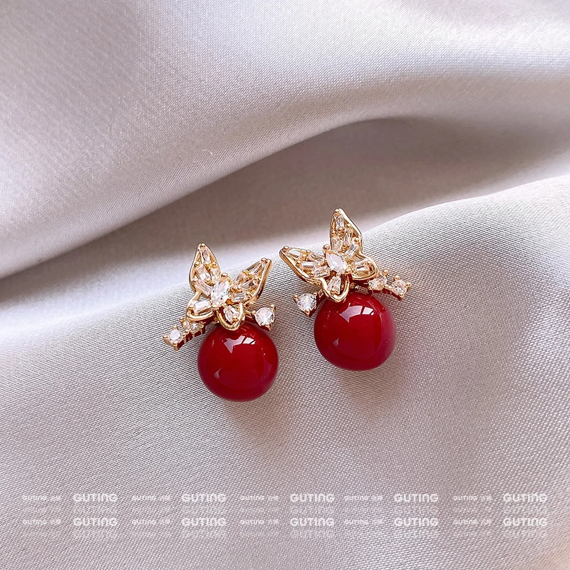 铜合金合成锆石耳饰 23621金色蝴蝶红色耳环女高级感轻奢耳钉耳饰