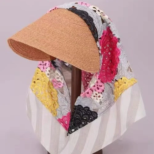 日本ca4la防晒帽女草帽遮阳帽夏花朵刺绣方巾头巾帽三角巾遮阳帽