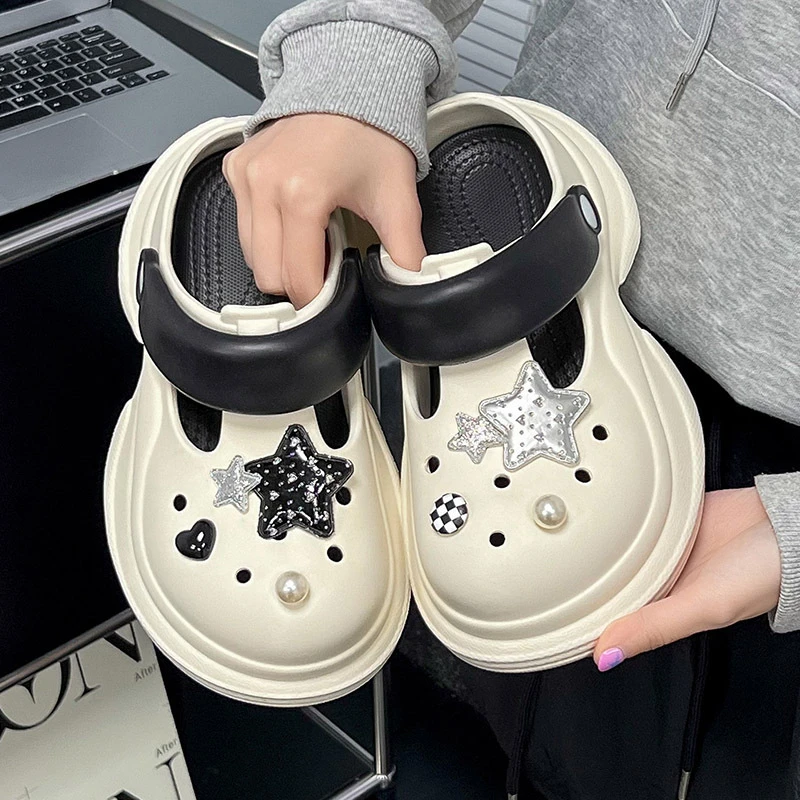 【蚂蚁之恋】春夏新品时尚厚底增高双色洞洞鞋+棋盘星星鞋花可DIY