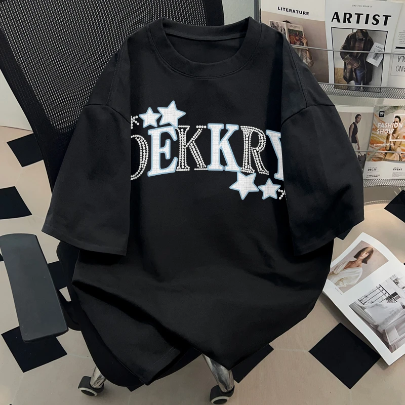 jtrt潮牌美式珍珠星星字母夏季纯棉短袖t恤男女小众宽松百搭上衣