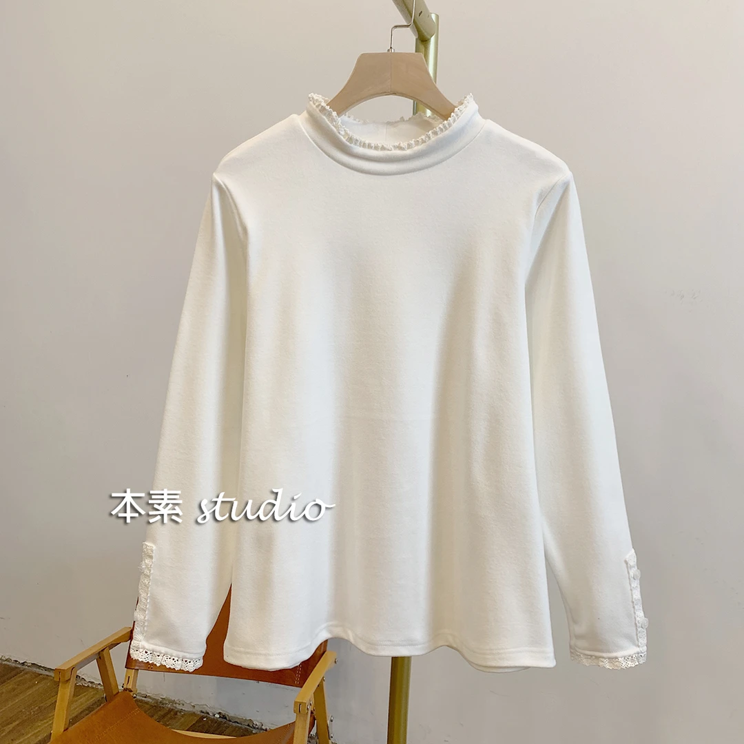 C3104磨毛德绒蕾丝边立领打底T恤