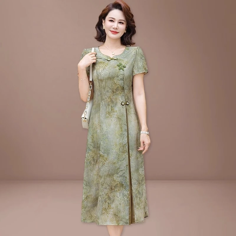 新中式妈妈连衣裙端庄大气阔太太改良旗袍中老年女士夏季过膝长裙
