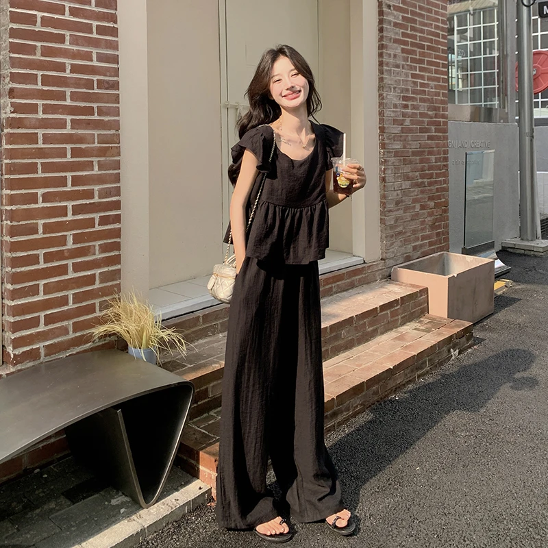 流行黑色小飞袖套装裤女夏阔腿裤两件套小众盐系减龄洋气娃娃衫