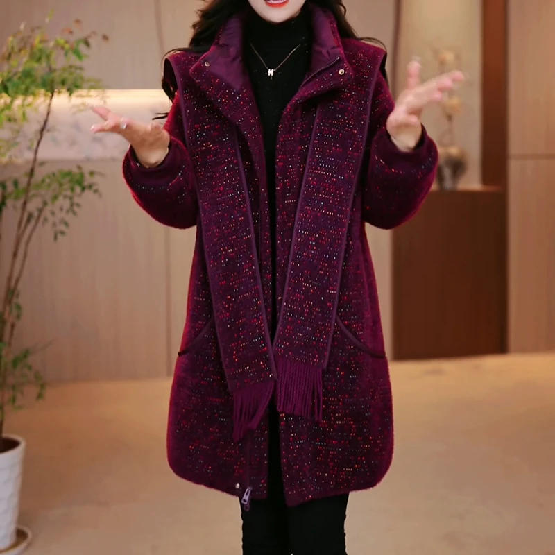 可拆卸帽子围巾高端棉服女2025冬季新款设计感加厚保暖中长款大衣