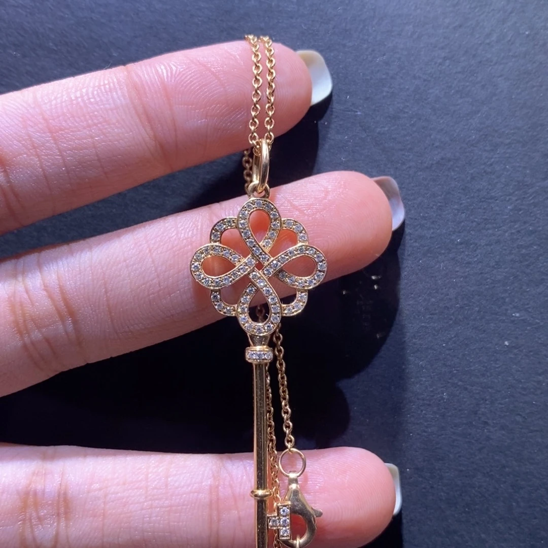 颈饰钻石18K金镶嵌k玫中国结钥匙项链