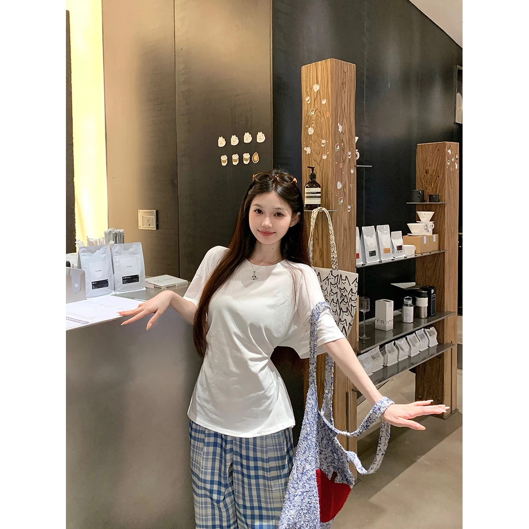 白色圆领正肩短袖T恤女夏季新款设计感小众绑带收腰显瘦别致上衣