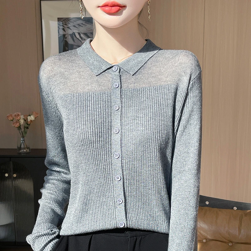 品牌撤柜2025春季新款薄款透气精纺羊毛针织长袖女翻领开衫