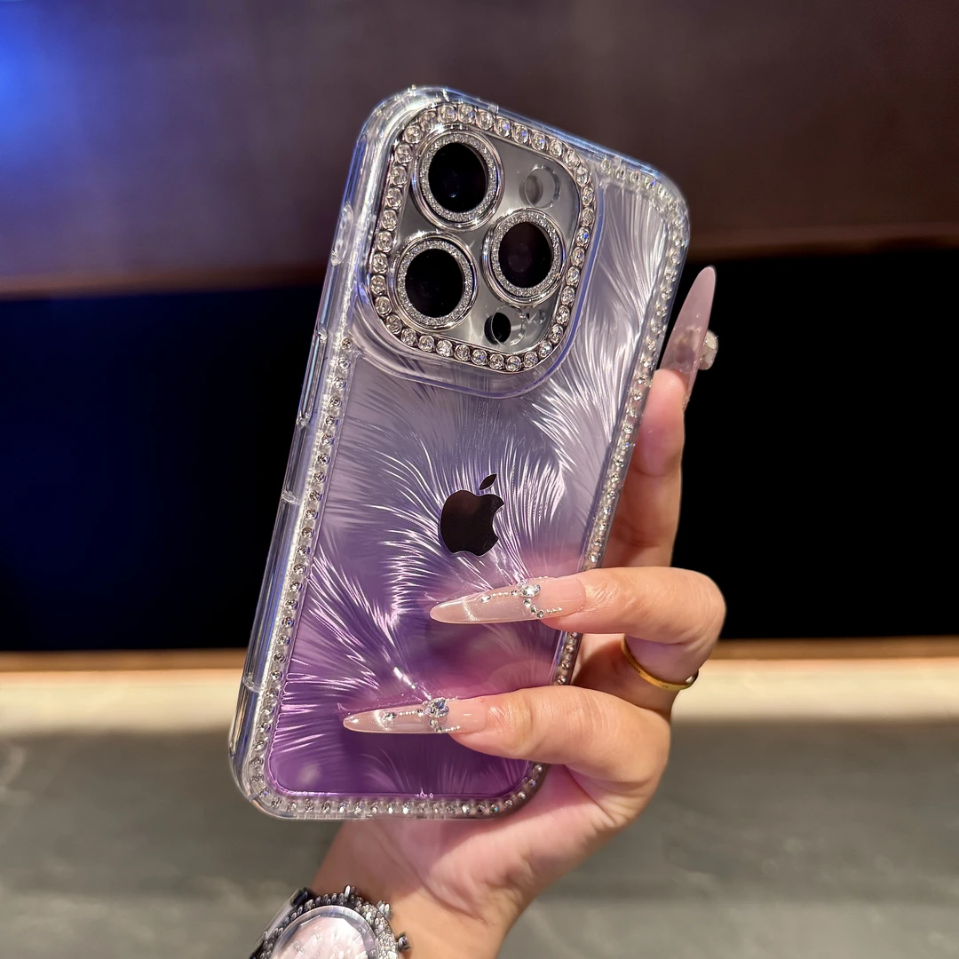 高颜值镶钻羽纱纹适用iPhone16pro手机壳15promax个性14网红13女