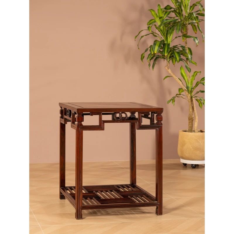 二十世纪红木镶瘿木带脚踏文房桌古董收藏家具大红酸枝茶桌方桌