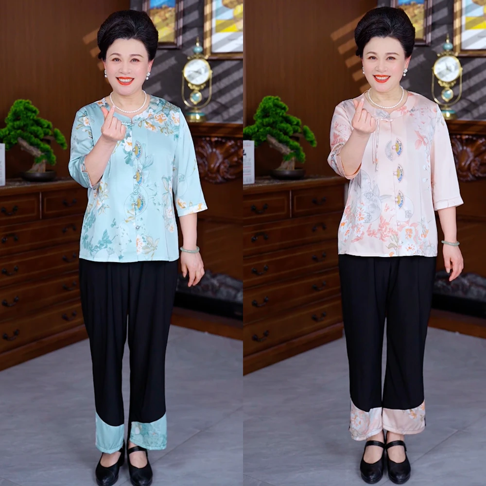 奶奶装夏季短袖套装中老年人女装衬衫两件套老年人夏装女衣服裤子