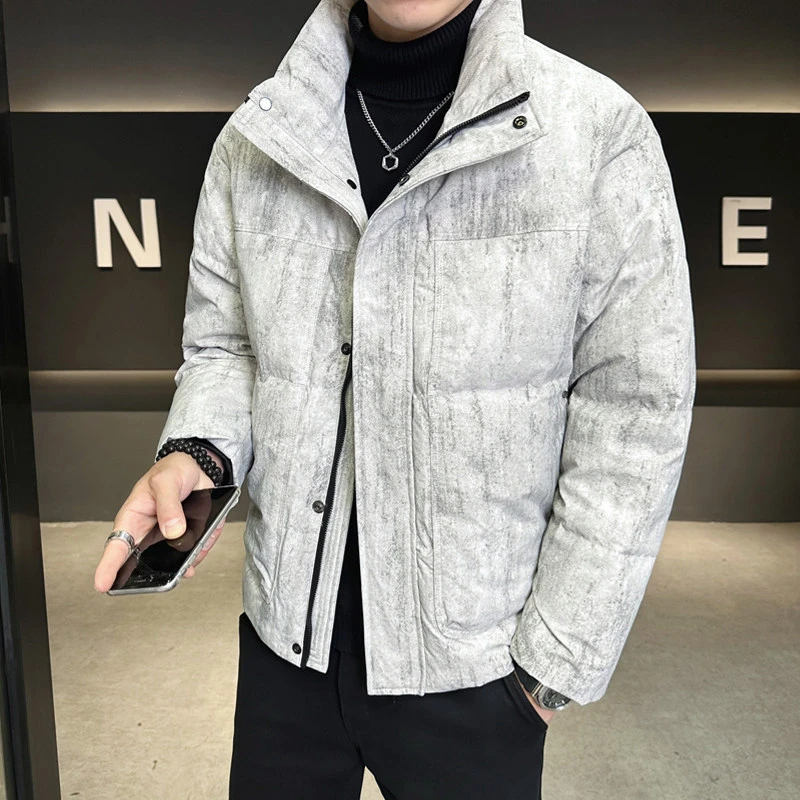 潮牌立领男款羽绒服秋冬款男装高级感扎染印花休闲帅气男士外套男