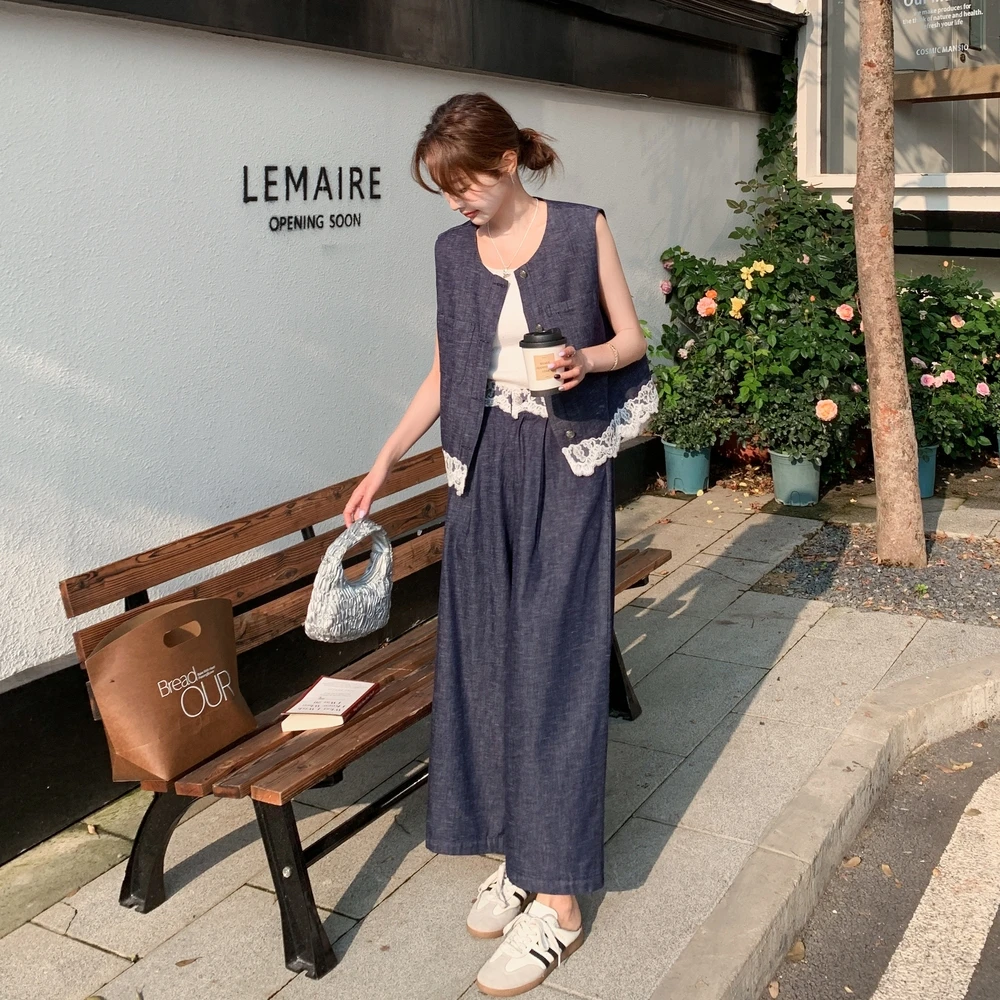 复古蕾丝拼接马甲套装女2025夏季新款慵懒风休闲百搭阔腿裤两件套