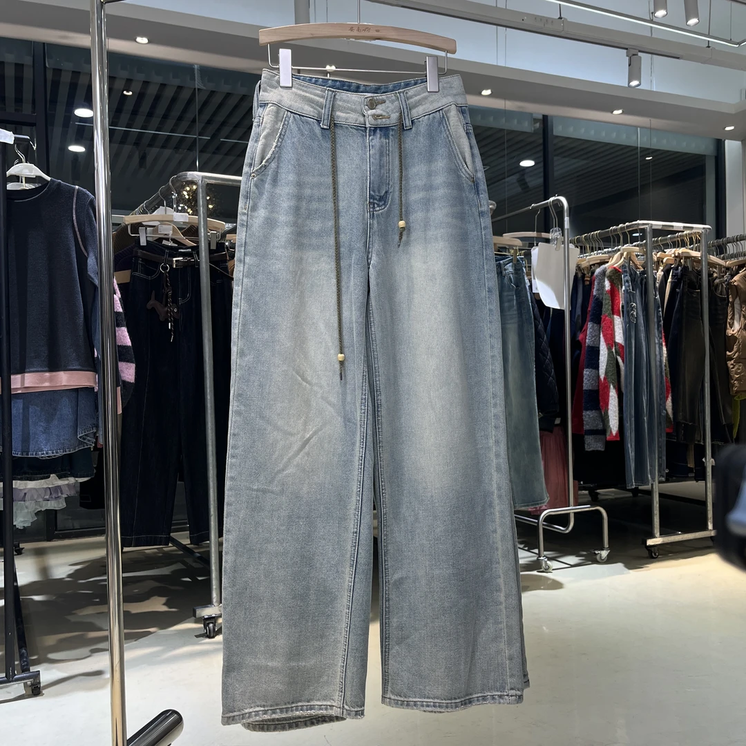 Q88607春季新款韩版简约休闲通勤百搭高腰显瘦牛仔阔腿裤