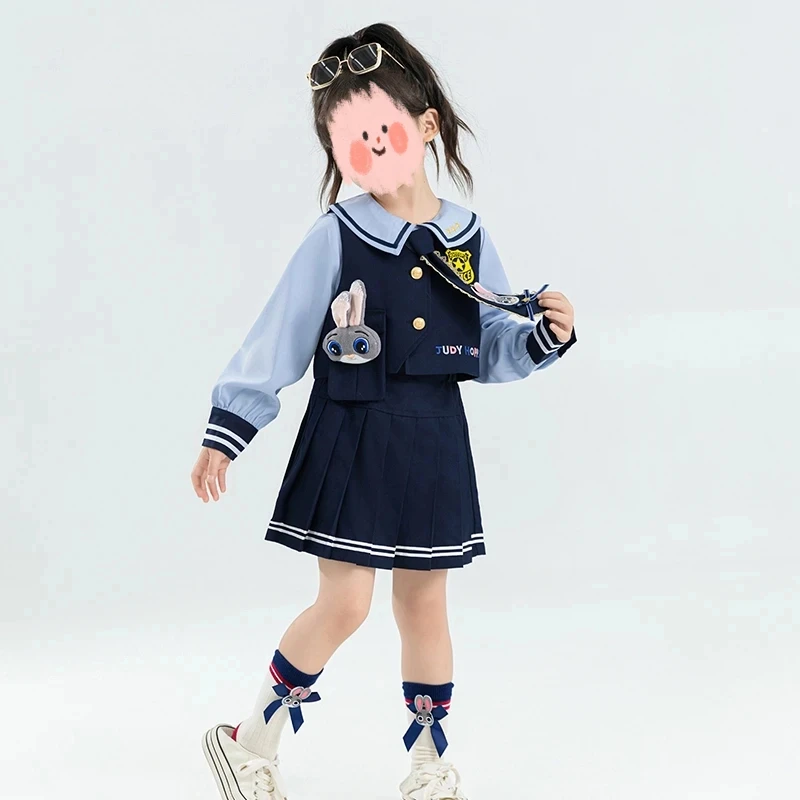 女童卡通学院风三件套2025新款春秋款衬衫马甲百褶短裙校服jk套装