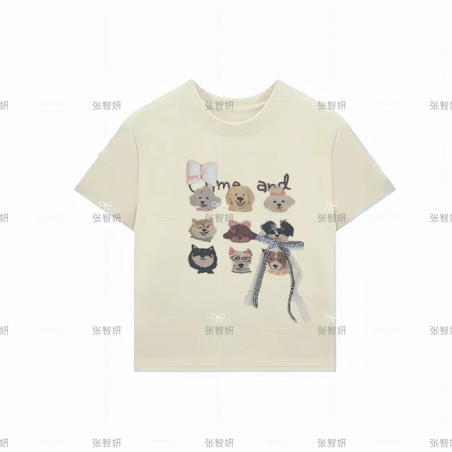 【俏皮小狗】夏季韩系喷画小狗立体蝴蝶结短袖T恤女正肩显瘦上衣