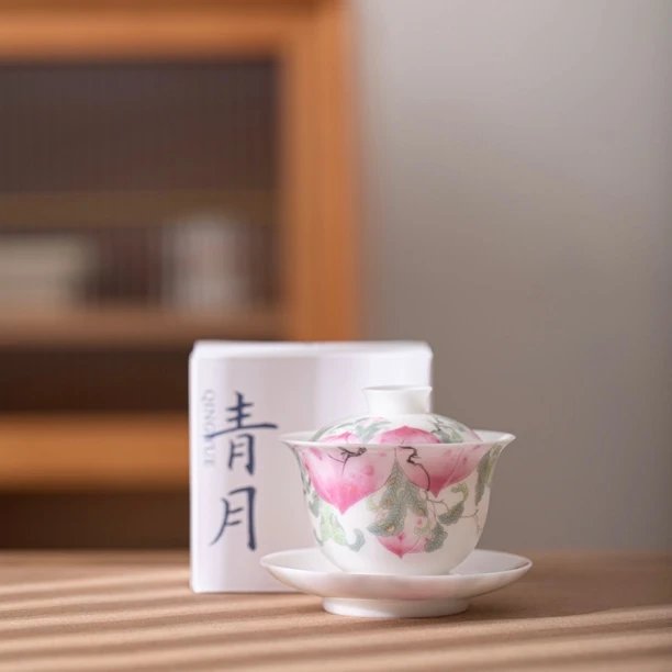 茶禾 冰种玉瓷粉彩五桃盖碗