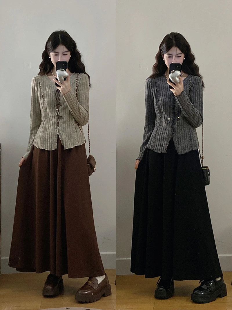 秋款胖mm大码女甜美坑条针织上衣中长款半身裙套装A0901+22905