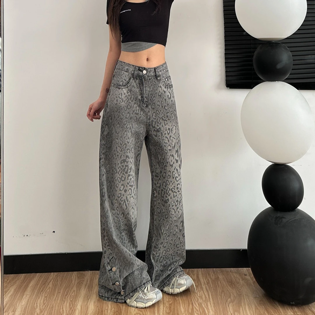 2025春夏款美式复古设计感阔腿时尚高街新款宽松显瘦牛仔裤5028