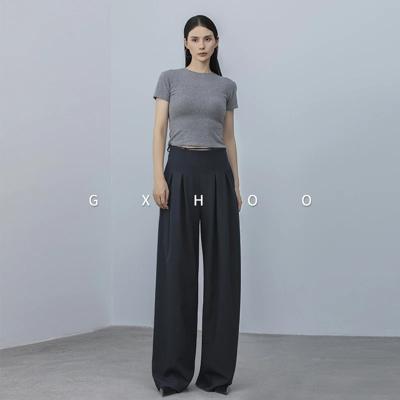 GXHOO卡其色高腰系带垂感阔腿裤女春秋休闲宽松直筒裤加长拖地裤