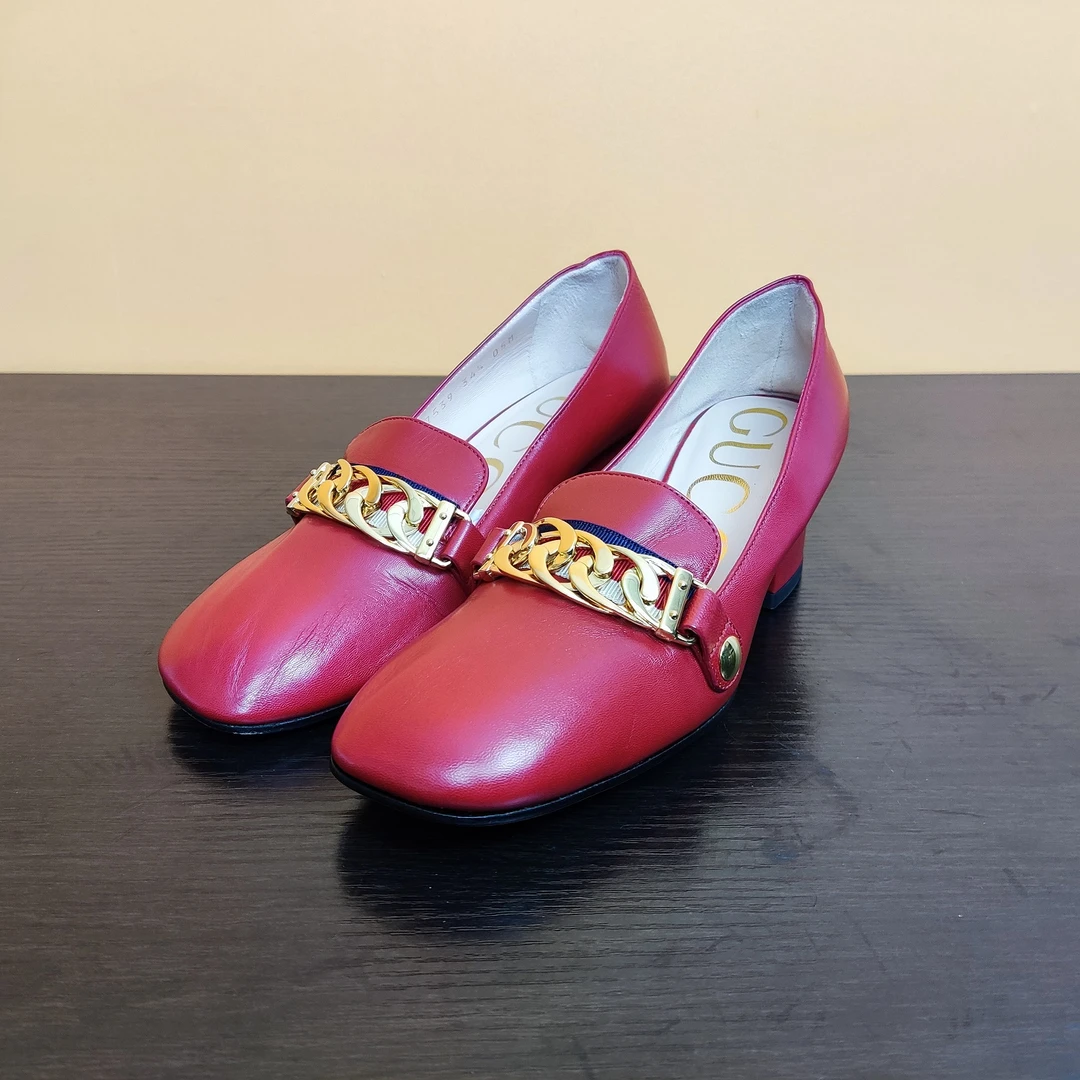 95新 GUCCI/古驰 小花Jerry活动全皮丝带矮跟皮鞋 红色 37码