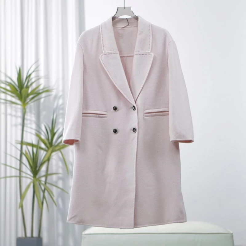 莉推荐 朗S系列  F411  女装简约长款双面呢外套香雾粉8Q523B225