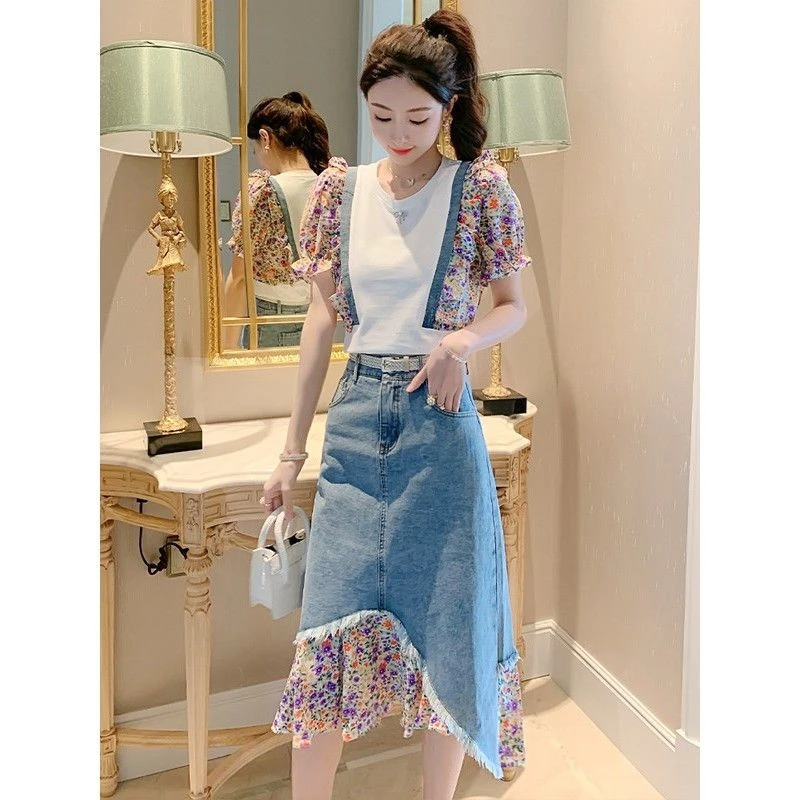 2025年夏季新款时尚洋气碎花牛仔裙套装短袖恤高腰半身裙两件套