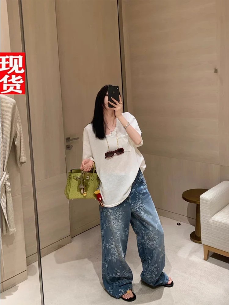 欧阳 刺绣牛仔裤女夏季夏季宽松阔腿裤复古直筒长裤拖地裤子