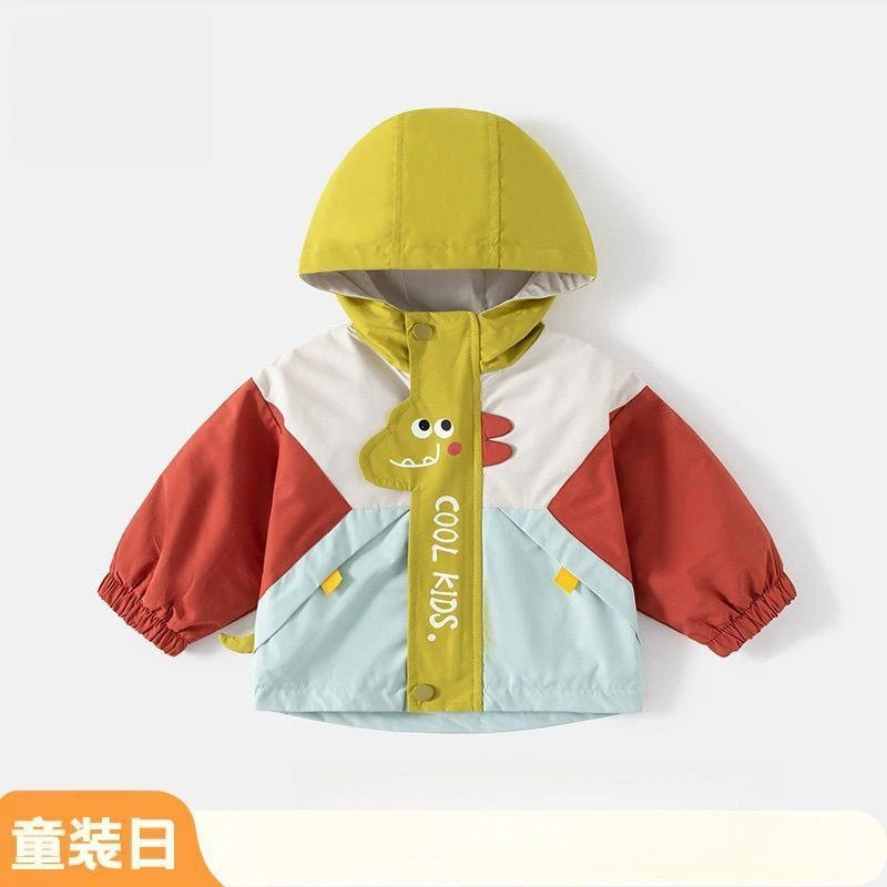 春秋季新款小恐龙冲锋衣男童韩系春秋长袖拼色连帽衣宝宝上衣