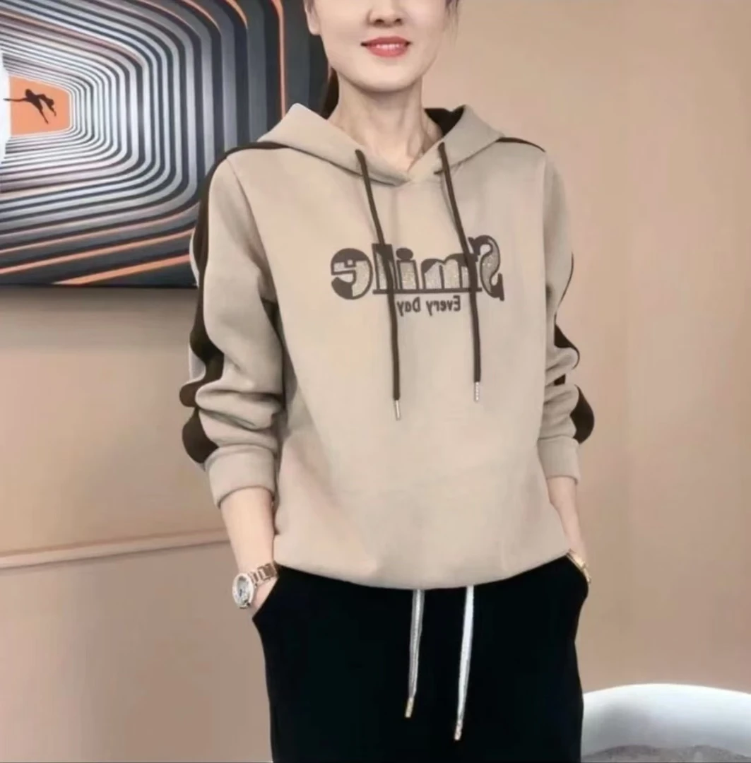 连帽拼色休闲百搭显瘦印花2025春季新款遮肉长袖T恤