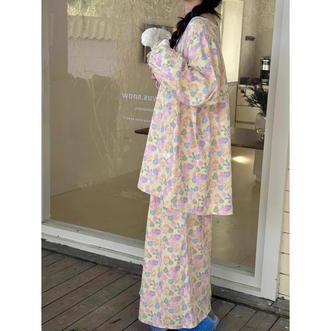 少女甜美卡通印花睡衣春秋季女款长袖长裤舒适宽松大码家居服套装