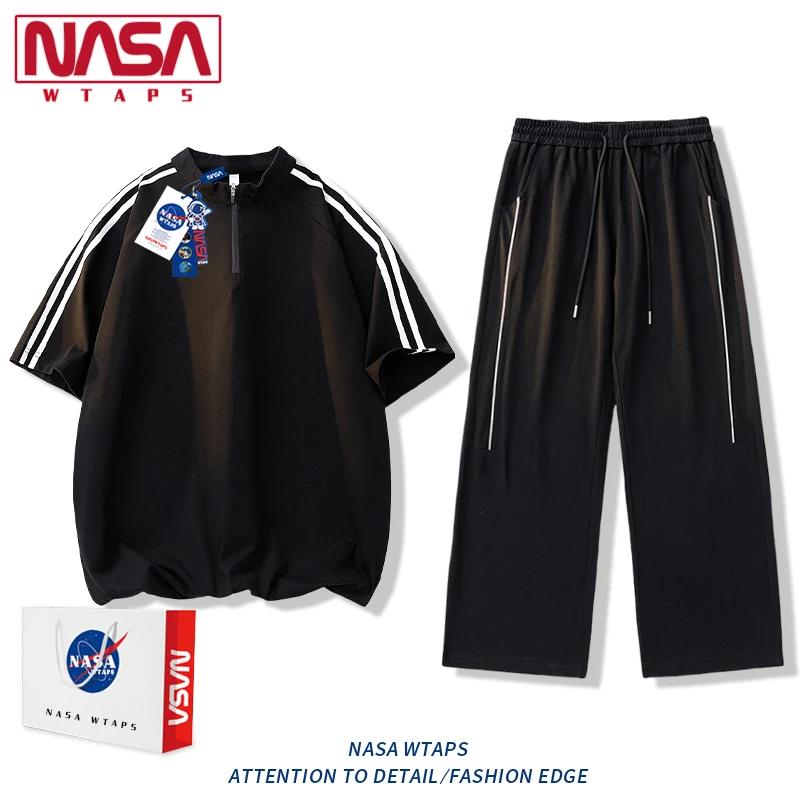 NASA WTAPS半拉链短袖套装男女款夏季运动休闲百搭透气裤子两件套