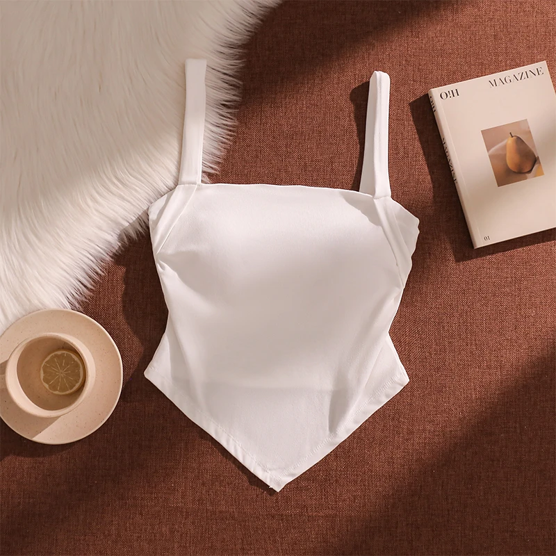 白色吊带背心女夏外穿带胸垫美背文胸一体内衣性感不规则抹胸上衣