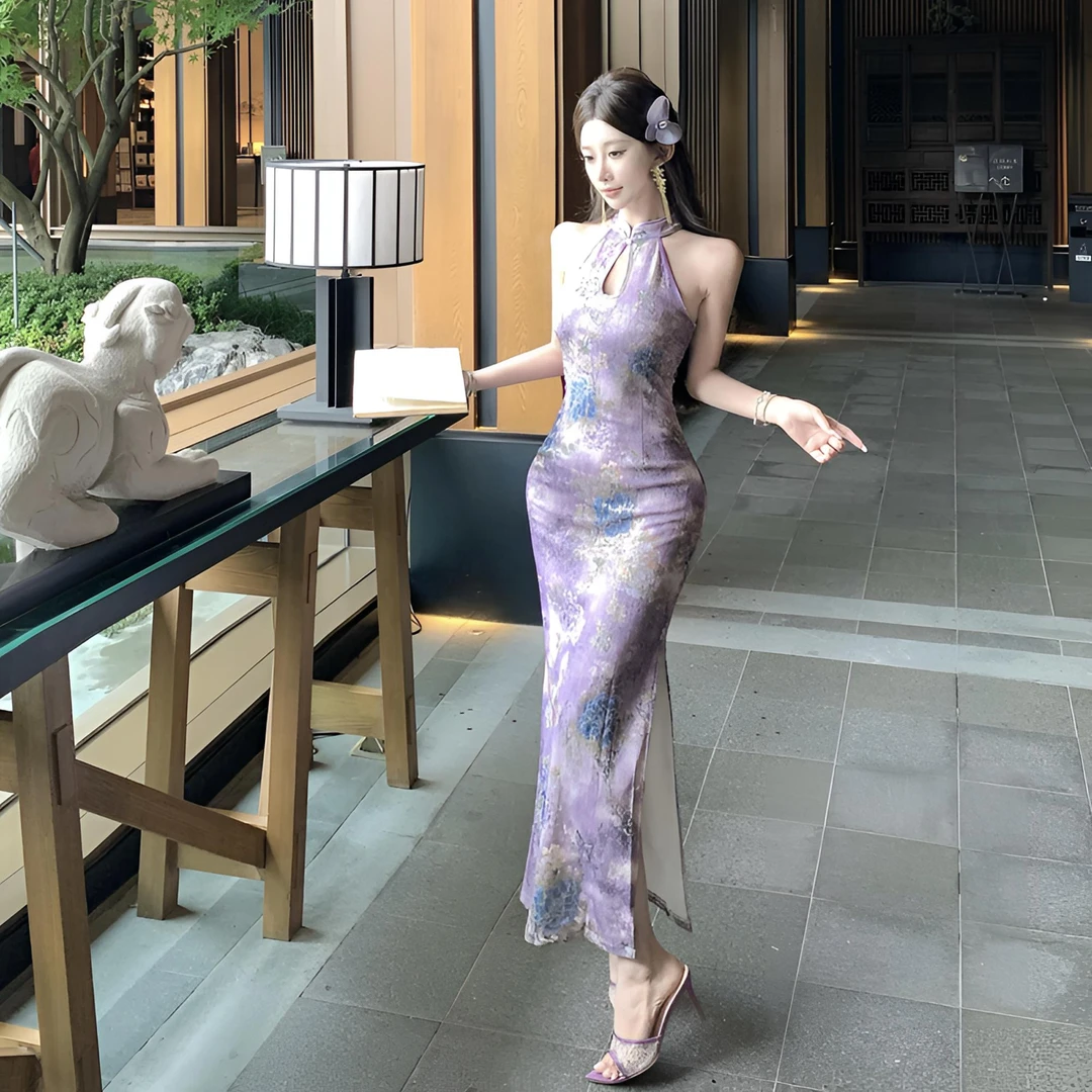 法式复古高级感定制金丝花边花朵新中式国风旗袍纯欲风夏季包臀裙