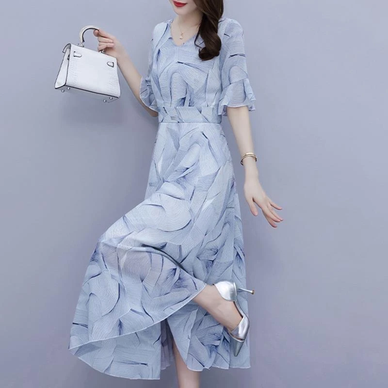 哥弟阿玛施正品雪纺连衣裙子女装夏季2025年新款收腰碎花妈妈大码