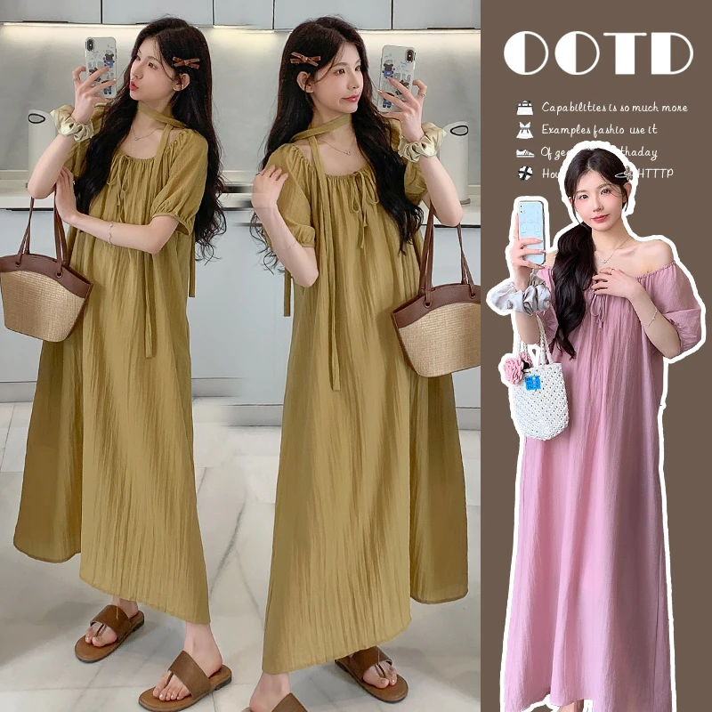 孕妇夏装连衣裙2025新款法式高级感孕妈穿搭气质显瘦圆领系带长裙