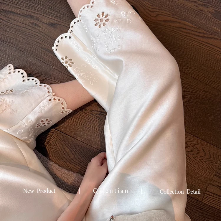 白色新中式珠光镂空刺绣阔腿裤女夏新款高级气质垂感缎面九分裤子